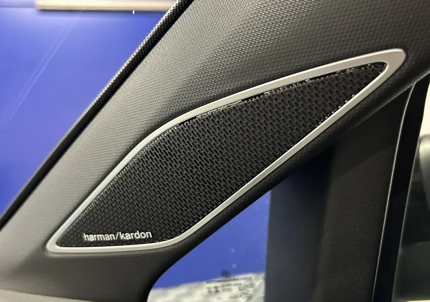 Gros plan sur l'enceinte Harman Kardon intégrée à la garniture intérieure noire côté gauche du Volkswagen Golf VIII eTSI.