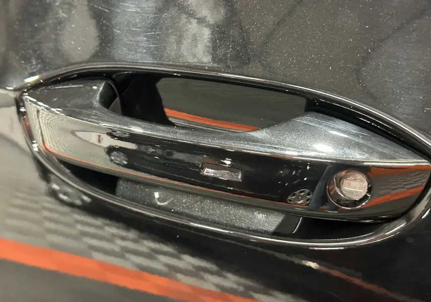 Poignée de porte noire métallisée en gros plan sur une Volkswagen Golf VIII eTSI 150CH R-Line 2024.