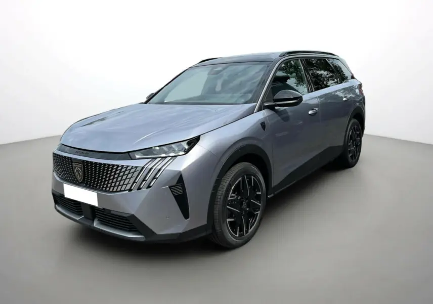 Peugeot 5008 Hybrid 145 GT Alcantara gris artense avec toit noir, vue 3/4 avant droit, jantes alu noires.