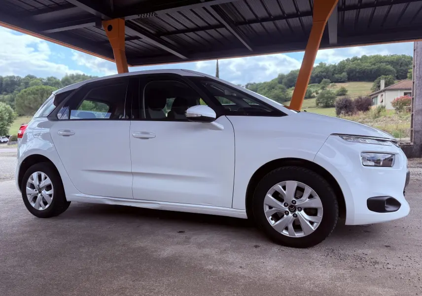 Vue de profil côté gauche d'une Citroën C4 Picasso blanche de 2014 stationnée sous un abri avec un paysage rural en arrière-plan.