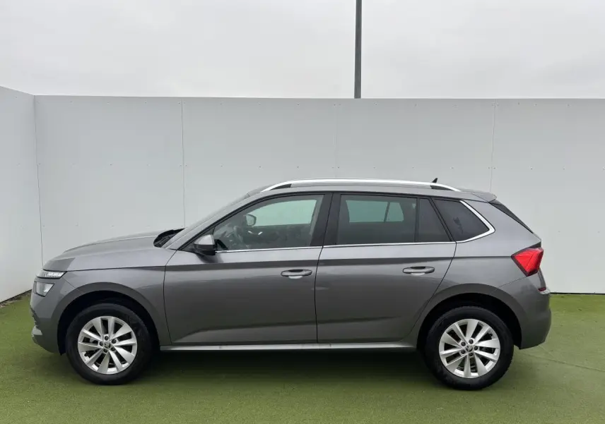 Vue latérale gauche d'un Skoda Kamiq gris graphite métallisé avec jantes alliage 17 pouces sur fond neutre.