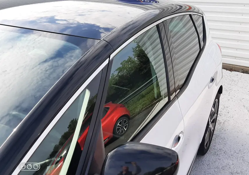 Vue en plongée du côté gauche arrière d’un Renault Scénic IV blanc nacré avec toit noir brillant et rétroviseur noir.
