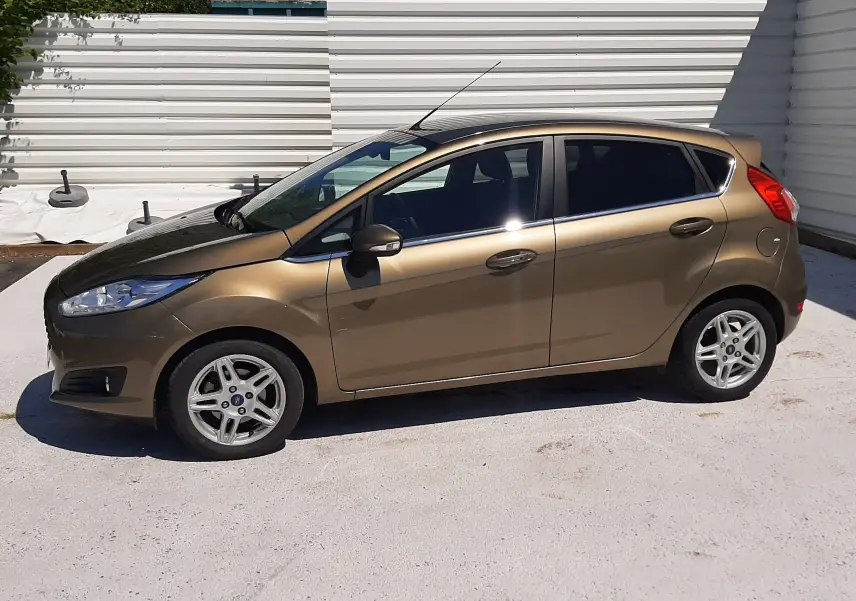 Ford Fiesta 1.0 EcoBoost 2013 marron métal vue de profil côté gauche sur fond clair et mur blanc.