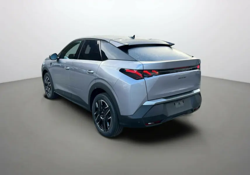 PEUGEOT 3008 HYBRID gris artense avec toit noir, vue 3/4 arrière droit, jantes alu noires et feux LED distinctifs.