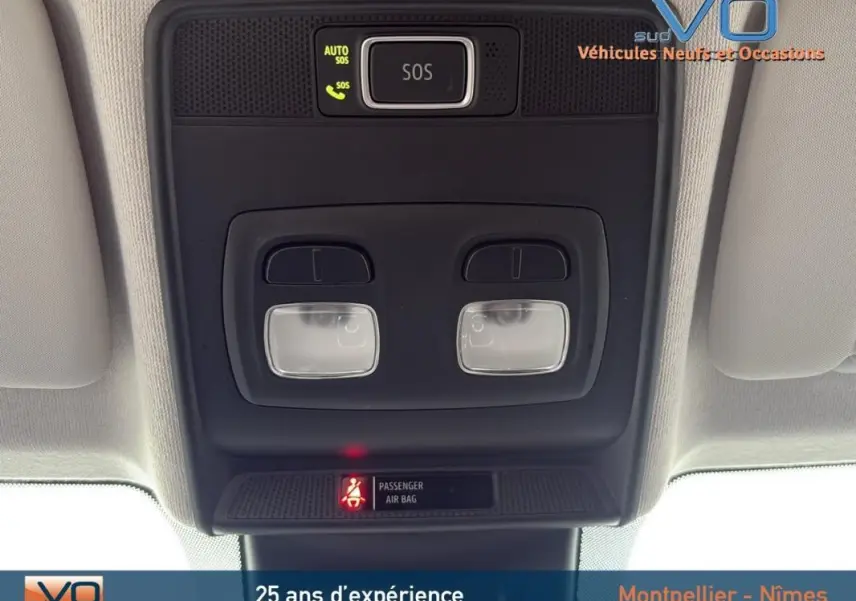 Vue en gros plan du plafonnier avec bouton SOS et voyants d'airbag passager de la Renault Clio gris foncé 2020.