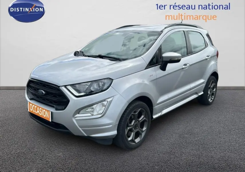 Vue 3/4 avant droit d'un Ford EcoSport gris clair avec jantes alliage et barres de toit visibles.