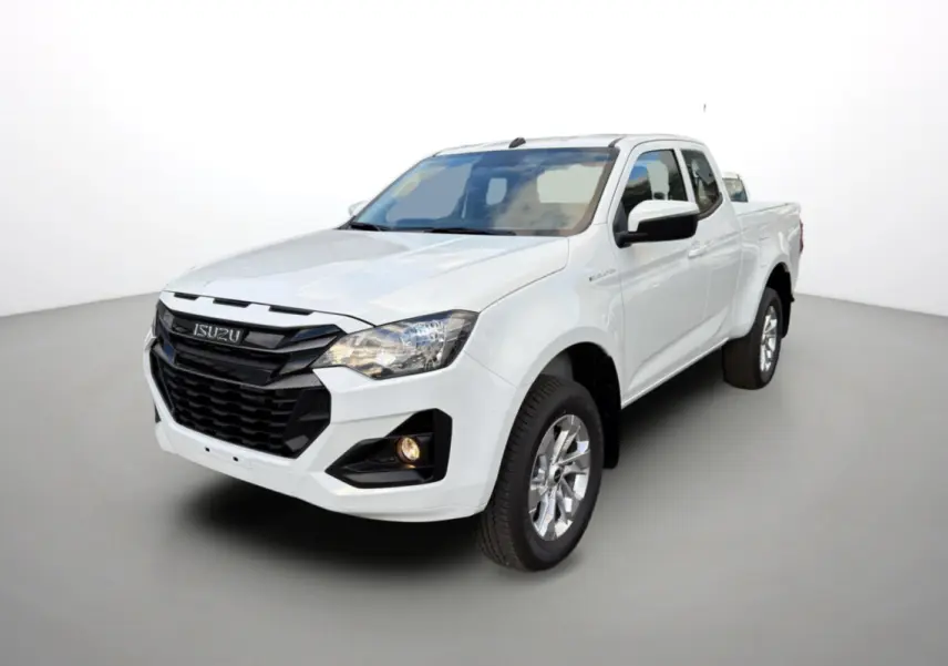 Vue 3/4 avant droit d'un Isuzu D-MAX blanc Splash avec calandre noire et jantes alu 18 pouces.