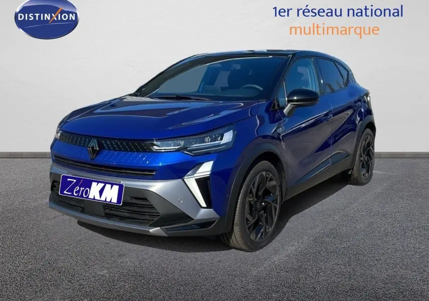Renault Captur E-Tech hybride 2025 bleu Iron Metal avec toit noir, vue 3/4 avant droit mettant en valeur ses jantes noires.