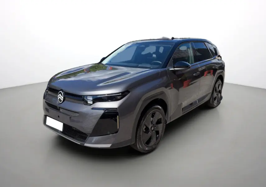 Citroën C5 Aircross New Hybrid 145 Max T.O gris platinium avec toit noir, vue 3/4 avant droit sur fond neutre.
