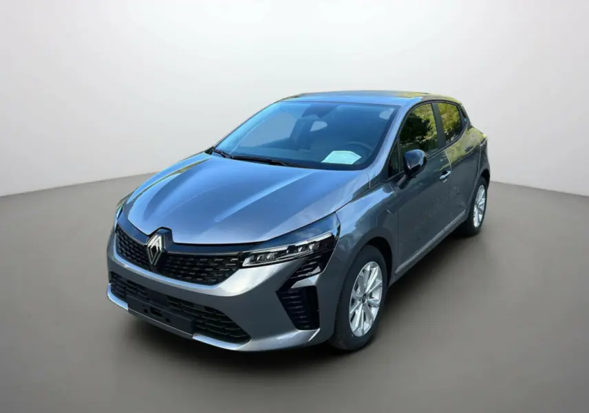 Renault Clio 2025 gris schiste vue 3/4 avant droit, avec calandre noire et jantes argentées distinctives.