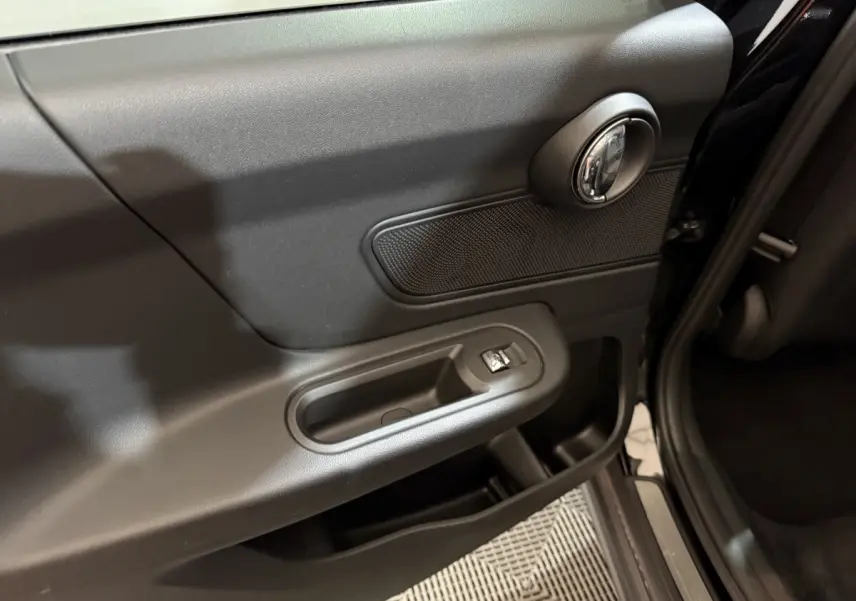 Détail de la porte intérieure côté gauche noire du MINI Countryman Cooper D Business Design 2020 avec commande de lève-vitre.