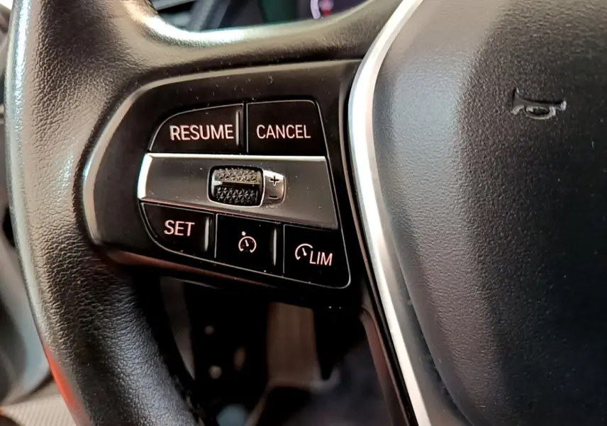 Gros plan sur les commandes de régulateur de vitesse au volant cuir noir de la BMW Série 1 gris clair.