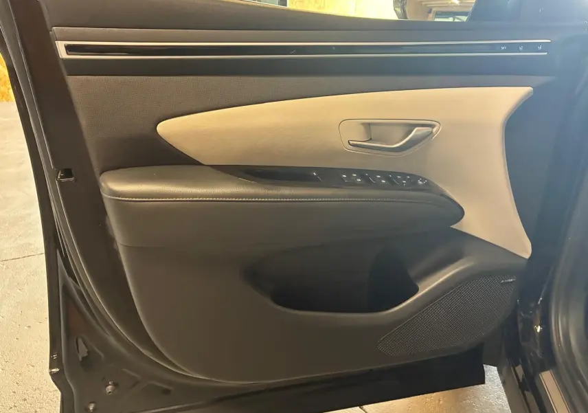 Vue rapprochée de la porte avant gauche du Hyundai Tucson noir 2022, avec garniture bicolore beige et noire et commandes électriques.