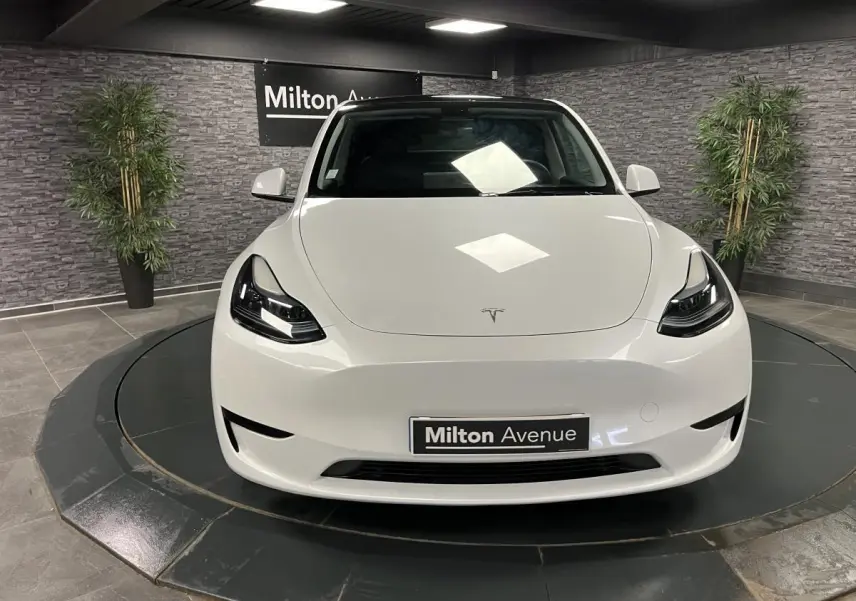 Vue frontale d'une Tesla Model Y RWD blanc nacré, avec phares LED et plaque Milton Avenue en showroom.