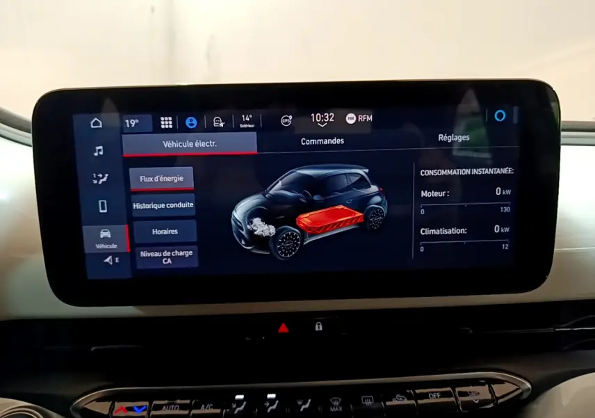 Écran tactile central affichant le flux d'énergie d'une Fiat 500 électrique blanche, vue intérieure du tableau de bord.