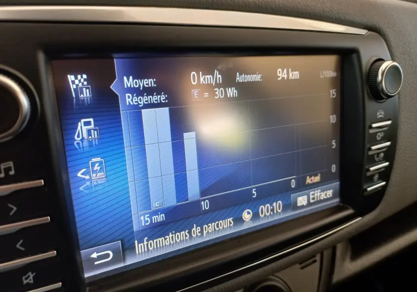 Écran tactile central affichant les données de parcours de la Toyota Yaris hybride, vue en gros plan intérieur.