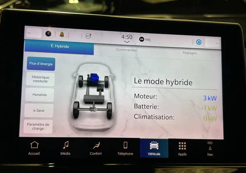 Écran tactile intérieur du Jeep Compass Limited 2021 montrant le flux d'énergie en mode hybride avec schéma du véhicule blanc.
