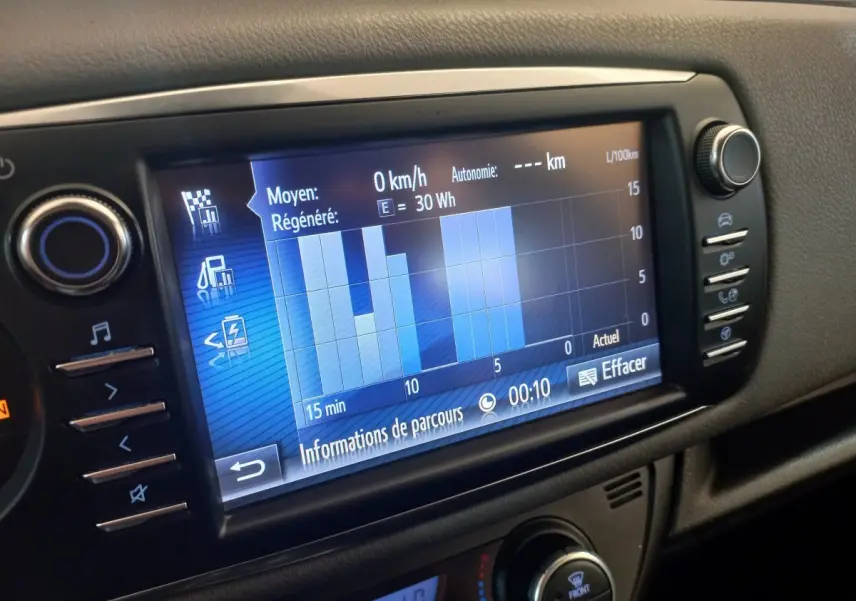 Écran tactile central affichant les données d'énergie et consommation dans l'habitacle d'une Toyota Yaris noire 2018.