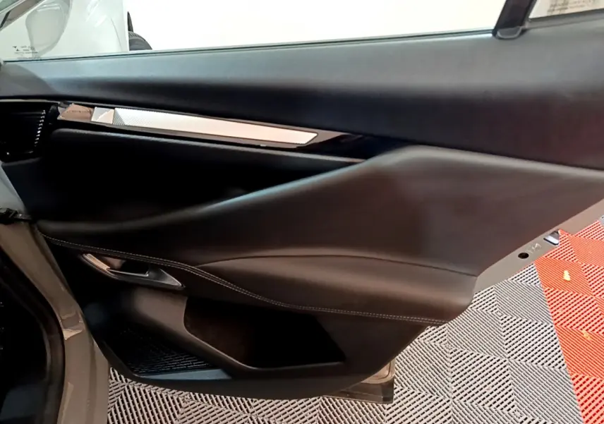 Gros plan sur la porte intérieure côté gauche du DS4 E-TENSE 225 TROCADERO gris foncé avec garniture noire et insert argenté.