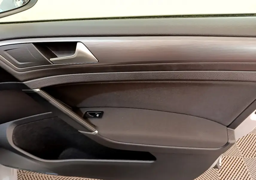 Détail de la porte côté gauche intérieure d'une Volkswagen Golf gris clair, avec poignée argentée et garniture bois.