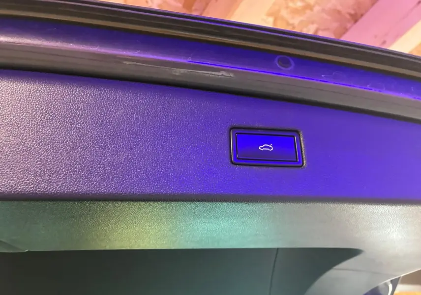 Gros plan sur le bouton d'ouverture électrique du hayon du Volkswagen Tiguan gris, vue intérieure du coffre.