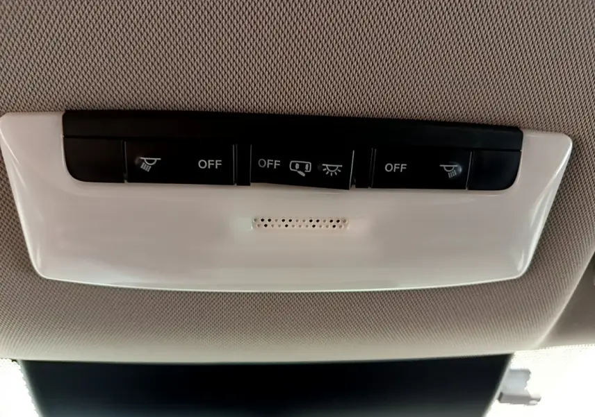 Panneau de commandes d'éclairage intérieur blanc fixé au plafond, avec quatre boutons noirs en position off, Nissan Leaf 2020.