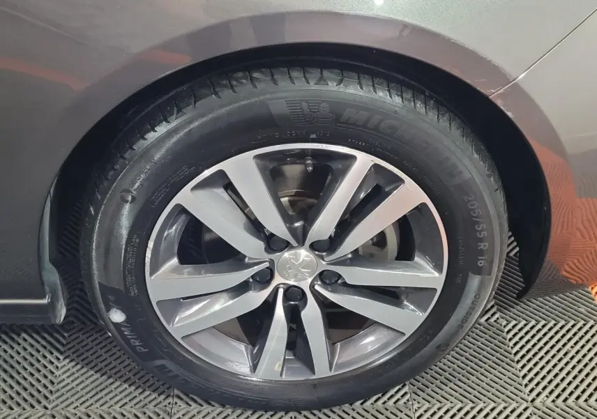 Gros plan sur la roue avant gauche d'une Peugeot 308 gris foncé avec jante alliage et pneu Michelin.