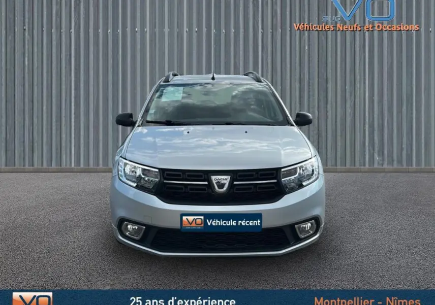 Vue avant frontale d'une Dacia Logan MCV gris clair avec barres de toit et phares antibrouillard visibles.