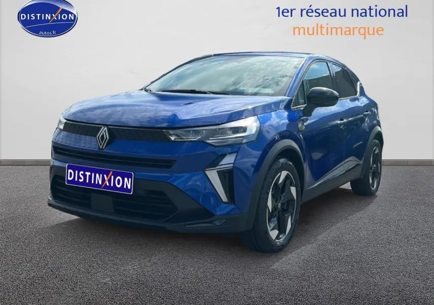 Renault Captur 2025 Bleu Iron en 3/4 avant droit avec phares LED et jantes alliage distinctives.