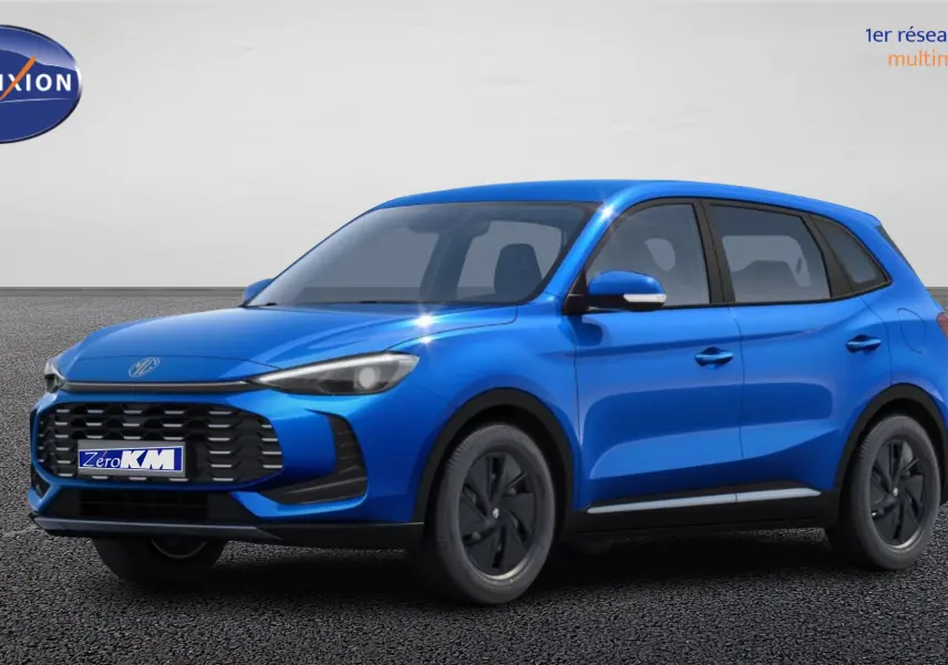 Vue 3/4 avant du SUV MG ZS 2025 en Cosmo Blue avec calandre noire et jantes 16 pouces à enjoliveurs noirs.