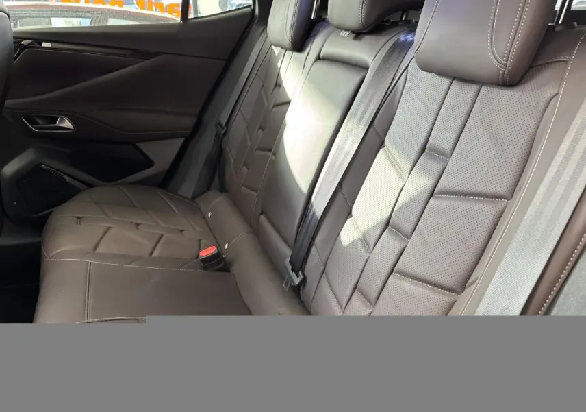 Vue latérale intérieure montrant la banquette arrière en cuir Nappa brun Criollo avec appuie-têtes et ceintures de sécurité.