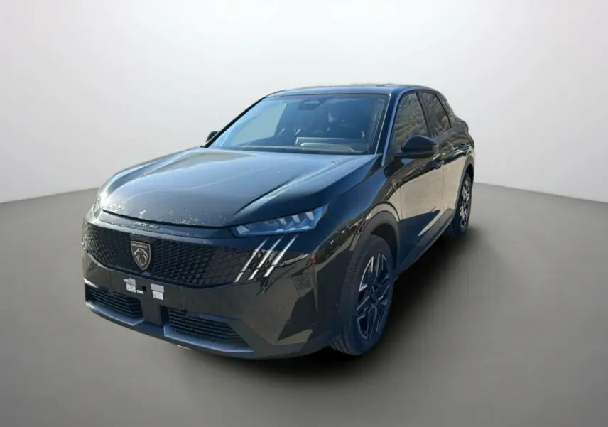 Peugeot 3008 New Hybrid noir perla nera, vue 3/4 avant droit avec toit noir et jantes alu 19 pouces.