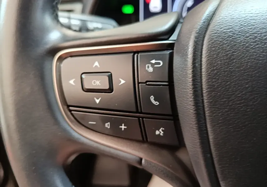 Gros plan sur les commandes multifonctions à gauche du volant cuir du Lexus UX 250H gris clair, intérieur visible flou.