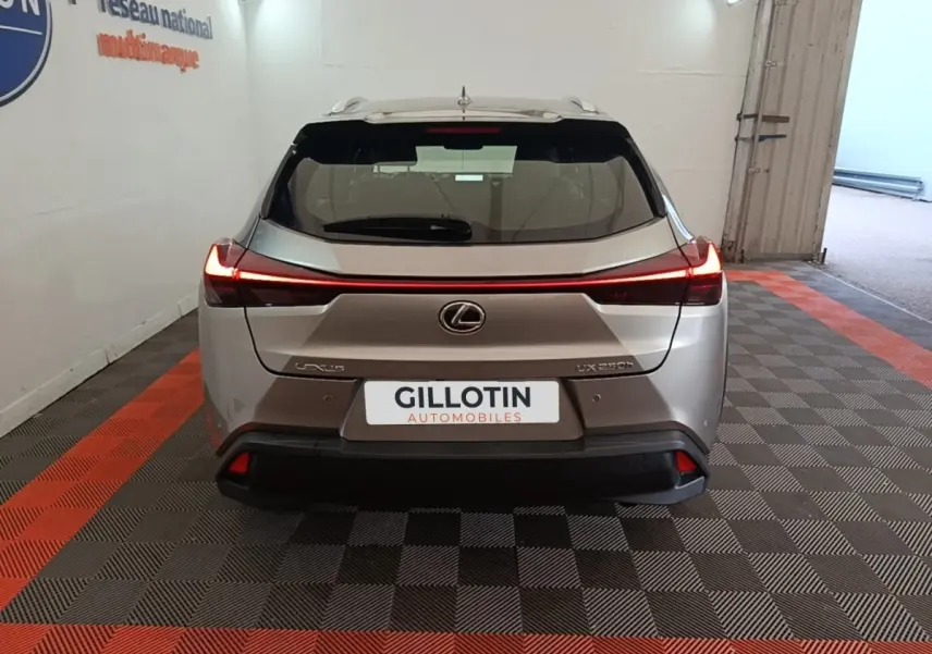 Vue arrière d'un Lexus UX 250H gris clair avec feux LED étirés et logo centré dans un garage.