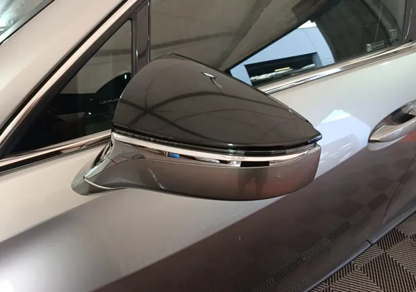 Rétroviseur côté gauche noir et gris clair du Lexus UX 250H 2WD Pack Business 2023 avec finition chromée.