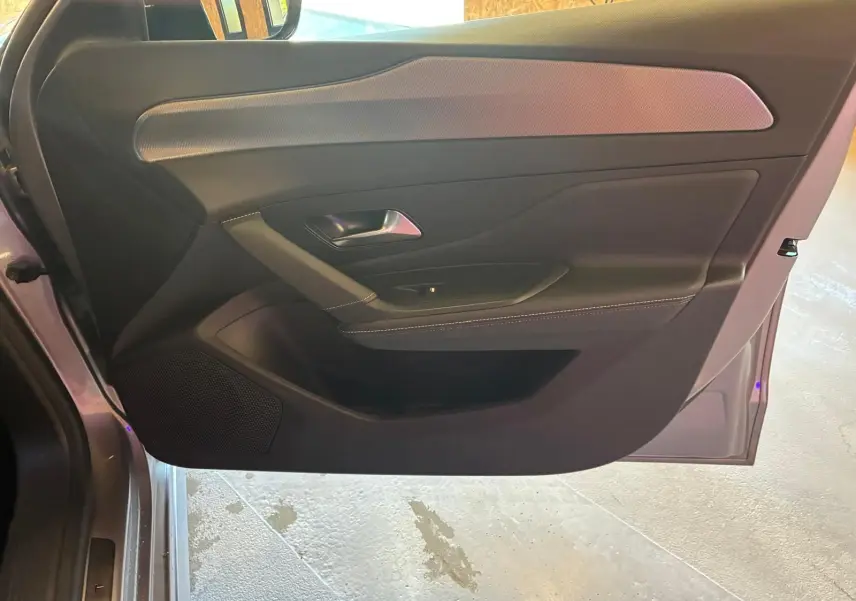 Vue intérieure de la porte avant gauche grise de la Peugeot 308 1.2 Hybrid 136 GT avec garniture noire et insert texturé.