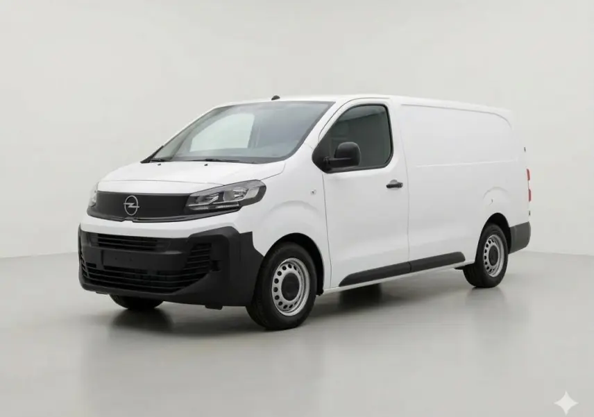 Opel Vivaro blanc en 3/4 avant droit, fourgon utilitaire avec pare-chocs noirs et jantes acier 16 pouces.