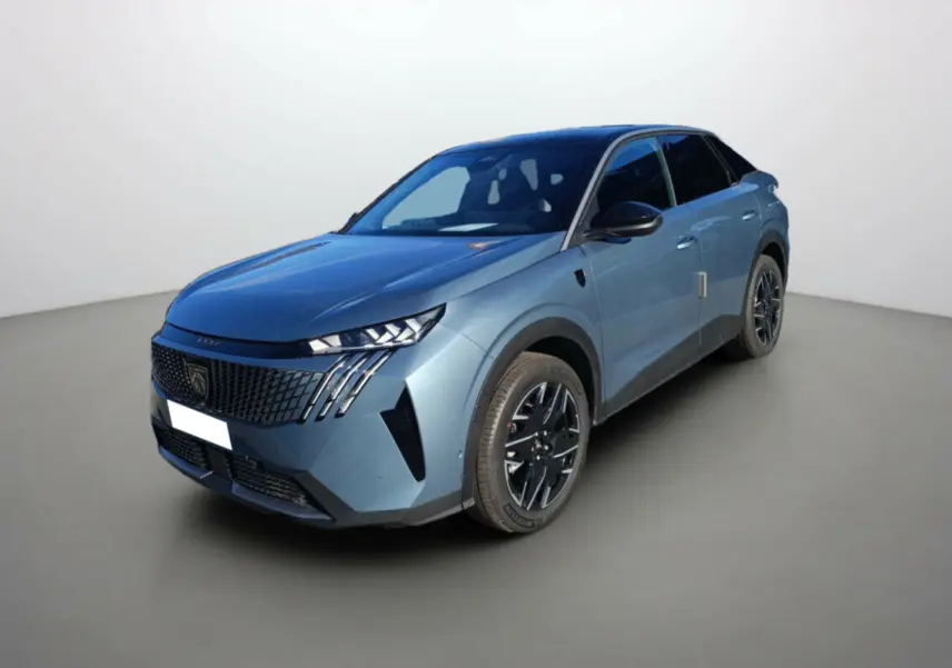 Peugeot 3008 Hybrid bleu ingaro avec toit noir, vue 3/4 avant droit sur fond neutre.