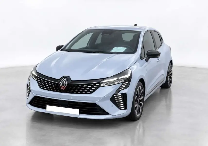 Renault Clio 2025 gris rafale vue 3/4 avant droit avec feux LED et jantes alu noires distinctives.