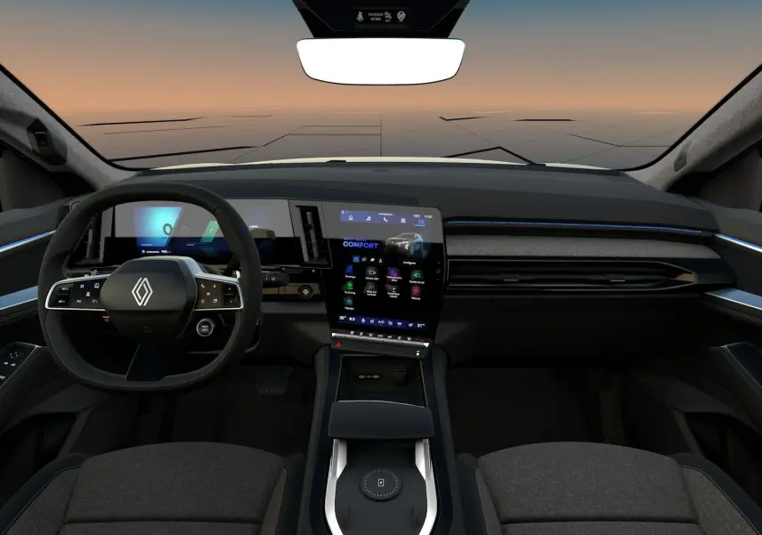 Vue intérieure du tableau de bord du Renault Austral noir étoile 2026, avec écran tactile vertical et volant multifonction.