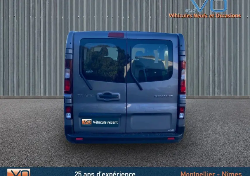 Vue arrière du Renault Trafic Fourgon gris clair 2019 avec portes battantes et vitres surteintées