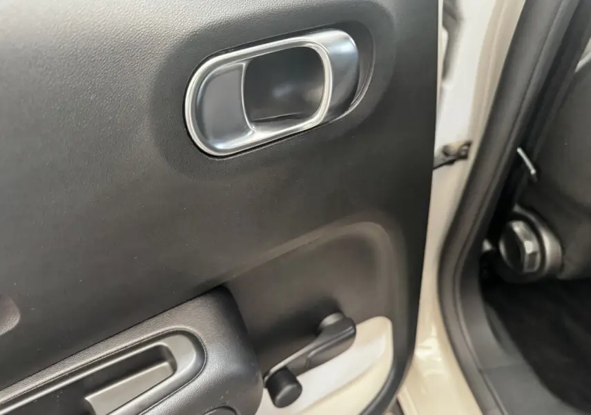 Gros plan sur la poignée intérieure et la manivelle de lève-vitre côté arrière droit d'une Citroën C3 beige.