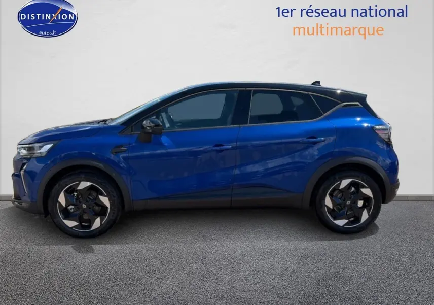 Profil côté gauche du Renault Captur 2026 bleu iron avec toit noir et jantes alu distinctives.