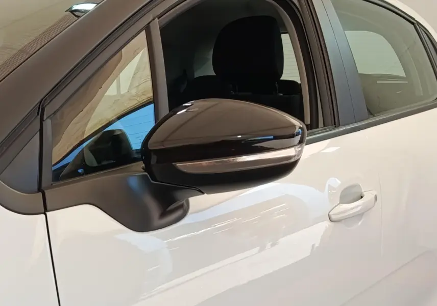 Vue rapprochée du côté gauche d'une Citroën C3 blanche 2020, avec rétroviseur noir brillant et poignée de porte visible.