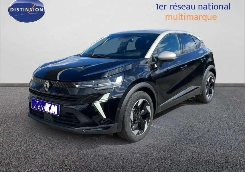 Renault Captur 2025 noir étoile métal avec toit gris, vue 3/4 avant droit mettant en valeur ses phares LED distinctifs.