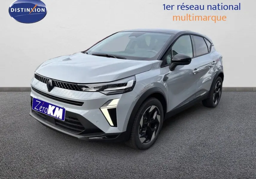 Renault Captur II gris Rafale métal avec toit noir, vue 3/4 avant droit, jantes noires et feux LED distinctifs.