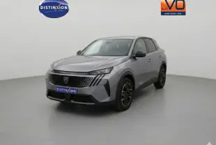 Peugeot 3008 Hybrid gris en 3/4 avant droit, avec calandre noire et jantes alliage 19 pouces visibles.