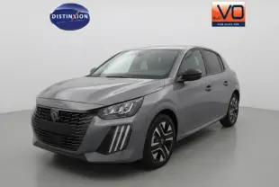 Peugeot 208 Hybrid gris vue 3/4 avant droit, avec calandre noire et jantes alliage 16 pouces visibles.