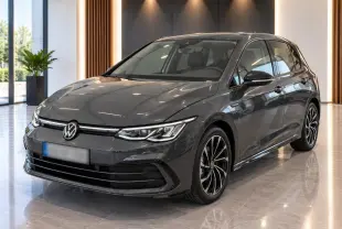 Volkswagen Golf 2024 gris Urano vue 3/4 avant avec jantes alliage 17'' Ventura et calandre R-Line noire.