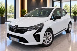 Renault Clio blanc glacier vue 3/4 avant droit, avec calandre noire et rétroviseurs noirs brillants.